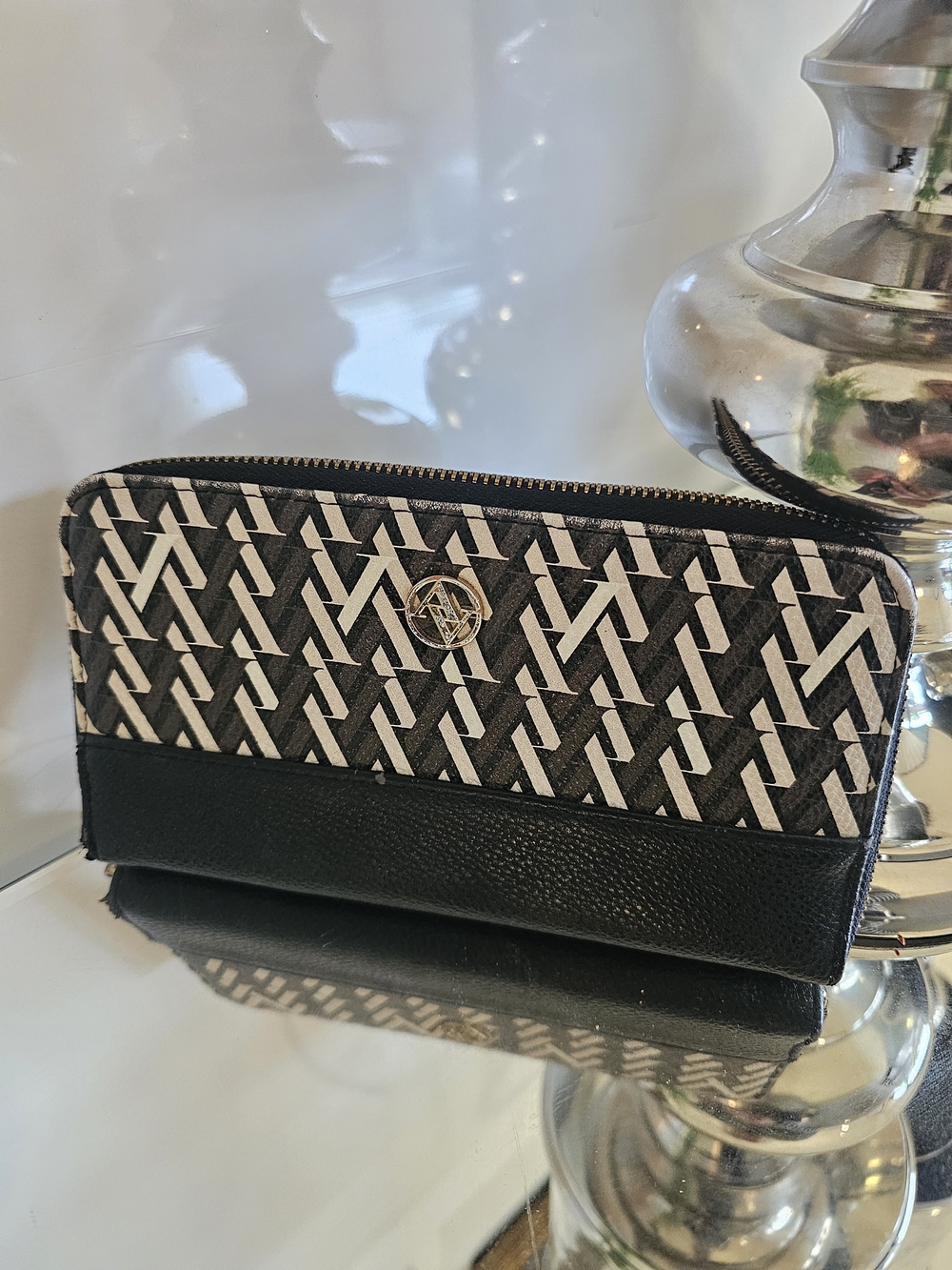 Adrienne Vittadini Monogram Black & White Zip Wallet
